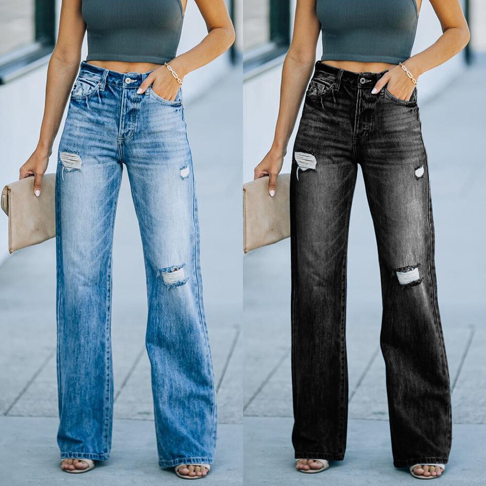Female Clothing Spring and Autumn Casual Wide Leg Pants Baggy Jeans Mid Waist Women&s Ripped Loose Denim Trousers Mujer